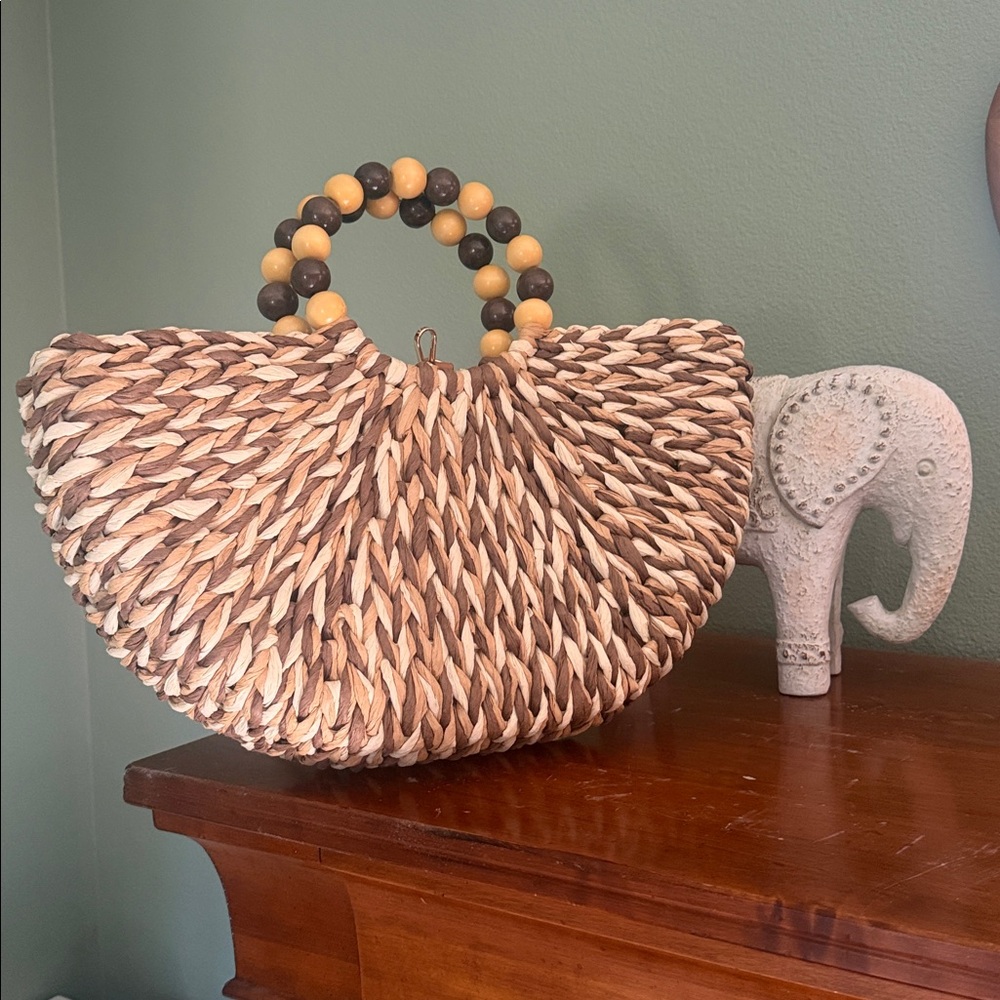 Boho Straw Handbag with Beaded Handles